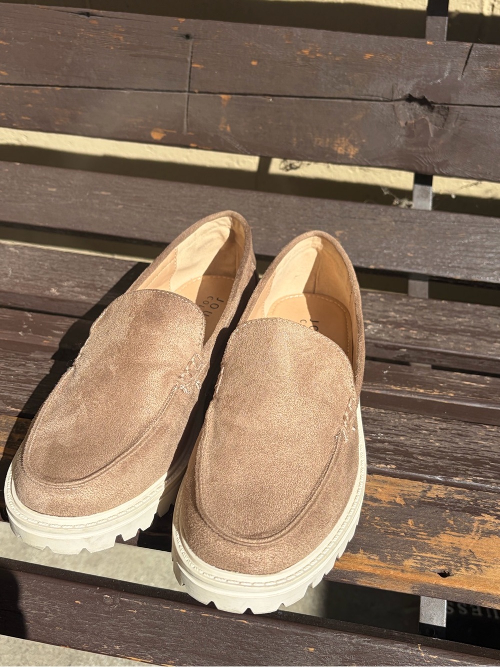 Journee Collection Taupe Suede Slip-On Loafers with White Lug Sole